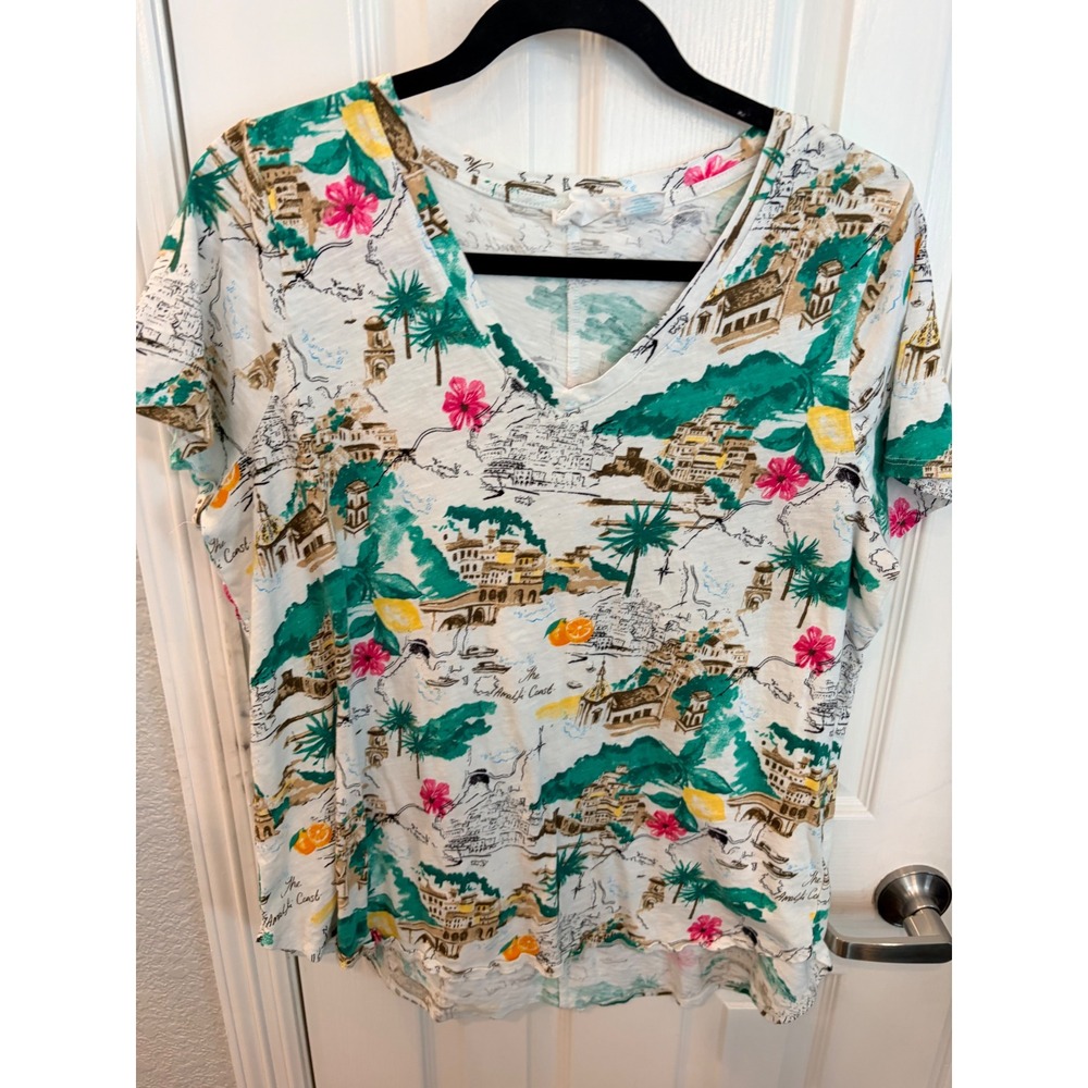 Cynthia Rowley T-Shirt White Amalfi Coast Print V-Neck Cotton Slub Tee 1X